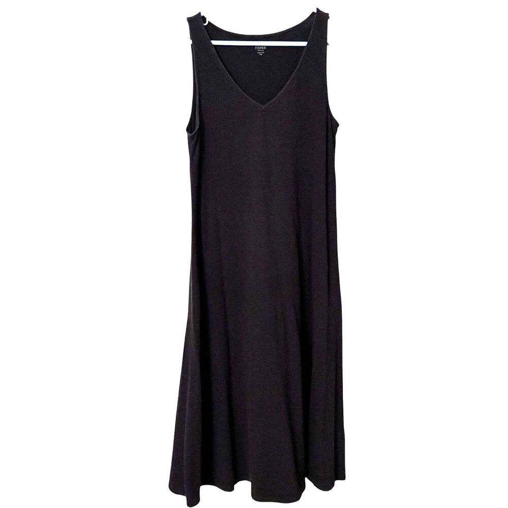 Eileen Fisher Petite Black Organic Cotton Sleeveless Maxi Dress M Made USA